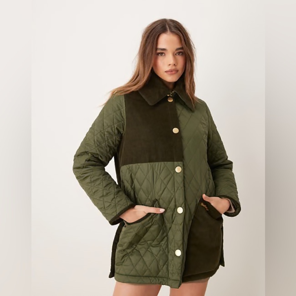 Barbour Olive Green Quilted & Corduroy Panel Jacket
